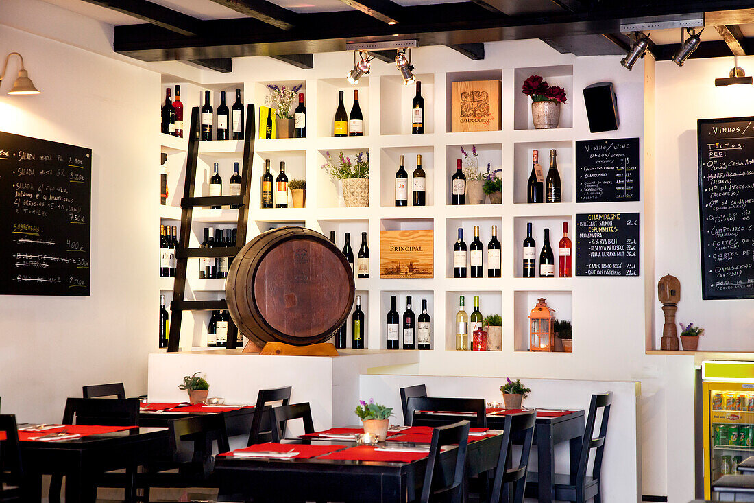 Wine bottles in a restaurant, Algarve, Portugal