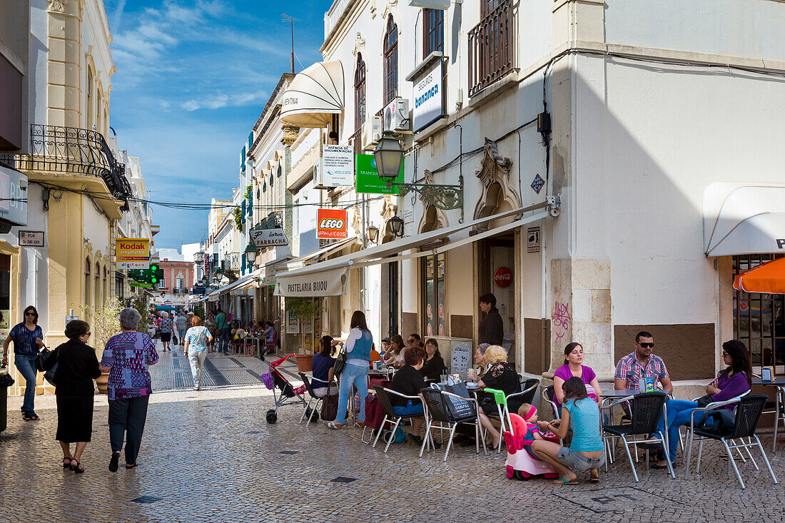 Shops and cafes in the pedestrian zone, Rua de Comercio, Olhao, Algarve, Portugal