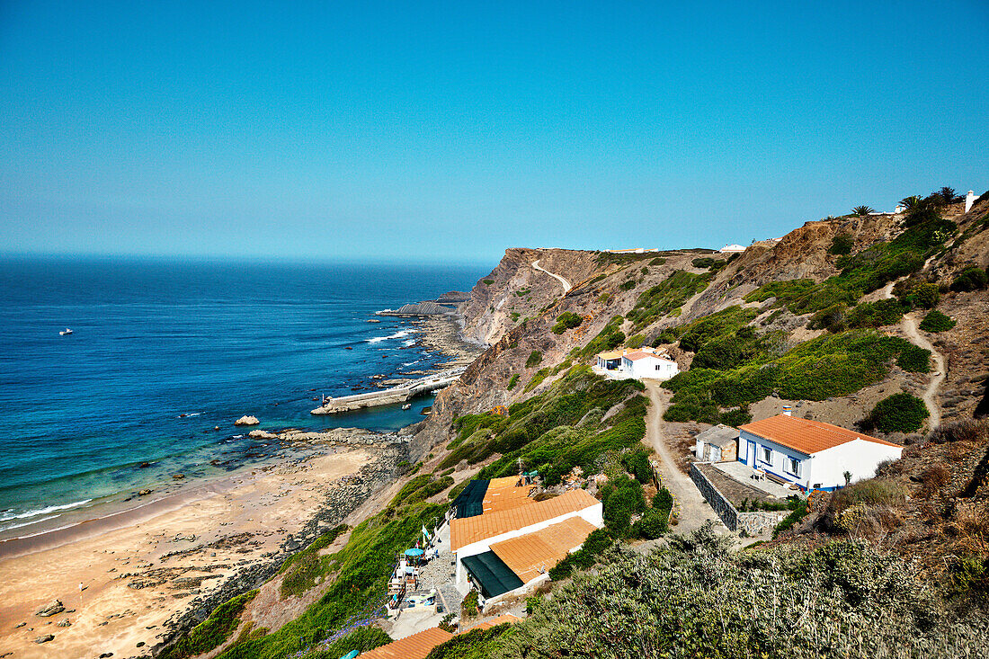 Blick auf den Strand, Praia da Arrifana, Aljezur, Costa Vicentina, Algarve, Portugal