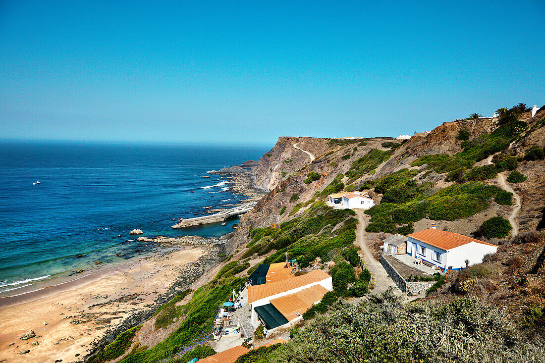 View towards the beach, Praia da Arrifana, Aljezur, Costa Vicentina, Algarve, Portugal