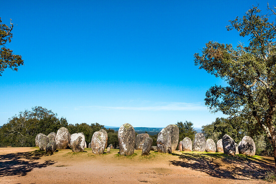 Megalithic stone ring, Cromeleque dos Almendres, Evora, Alentejo, Portugal