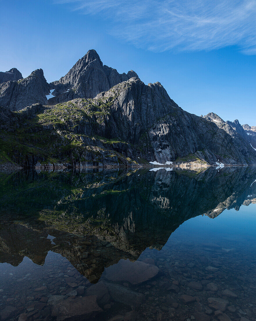 Trolltindan mountain peaks reflect in Trollfjordvatnet lake, Trollfjord, Austvågøy, Lofoten Islands, Norway