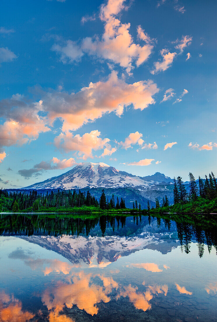 Mount Rainier reflected in pond at sunrise, Mount Rainier National Park