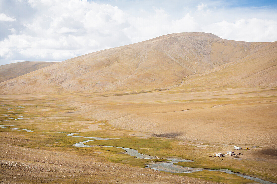 A nomadic grazing camp near Gyama at 5200 meters elevation, inhabited by 'Changpas' (the nomadic migratory shepherds of Tibetan origin who use the land for grazing yaks, sheep, goats, and horses), Ladakh, India.