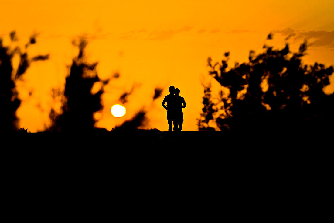 Two runners are silhouetted by the rising sun on 17th June 2011, Ahal Province, Turkmenistan.