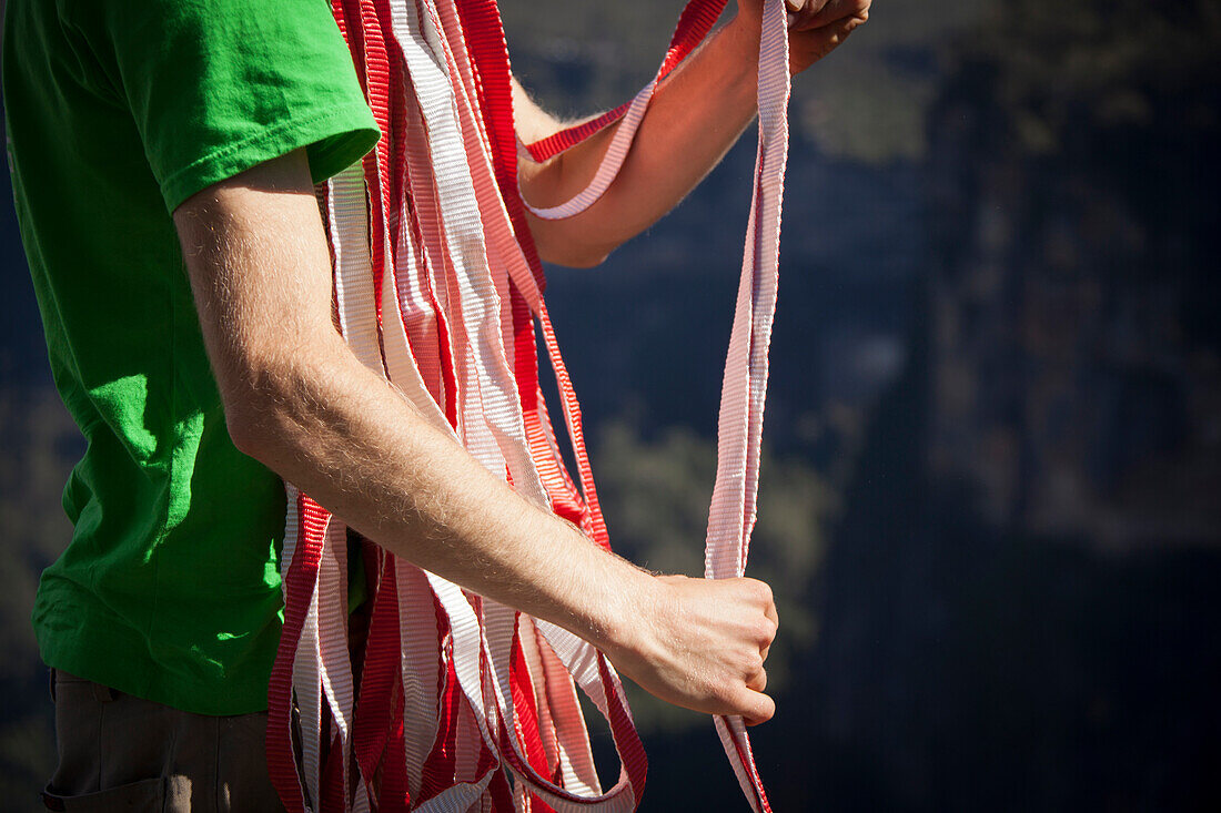 Managing and caring for webbing that is used for highlining.