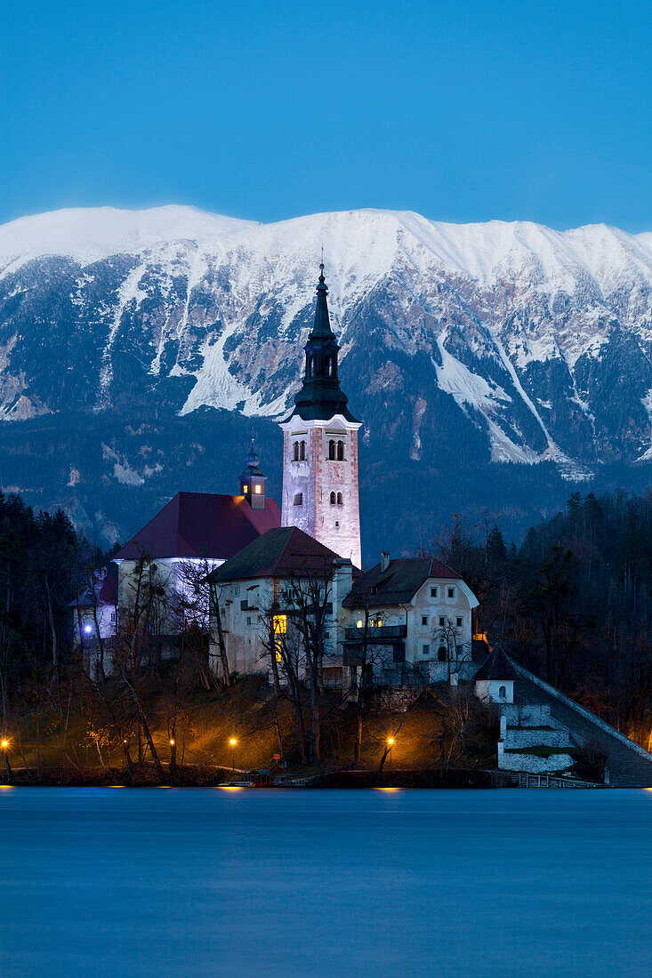 The Assumption of Mary Pilgrimage Church on Lake Bled at Dusk, Bled, Slovenia, Europe