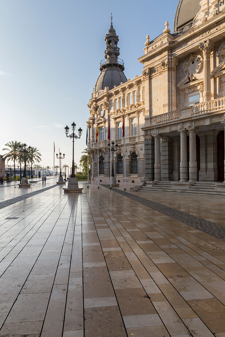 Town Hall Square on an autumn early morning, Cartagena, Murcia Region, Spain, Europe