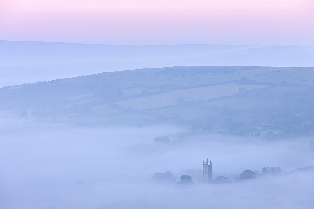 Widecombe in the Moor shrouded in morning mist, Dartmoor, Devon, England, United Kingdom, Europe