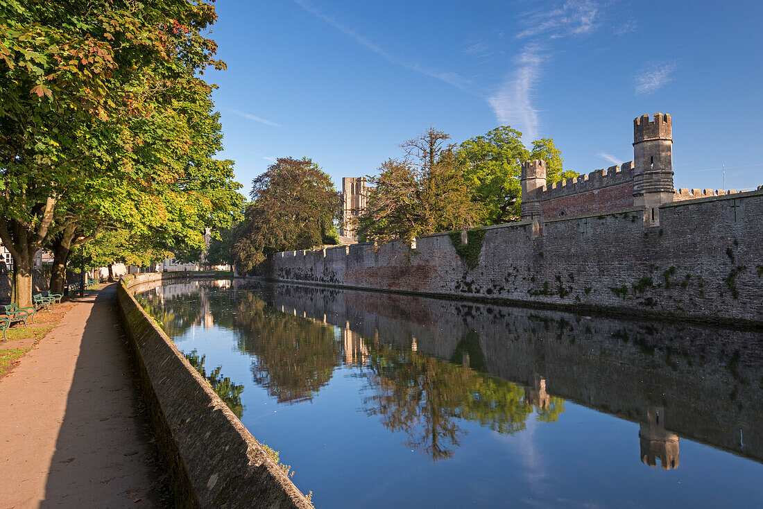 The Bishop's Palace and moat in the cathedral city of Wells, Somerset, England, United Kingdom, Europe