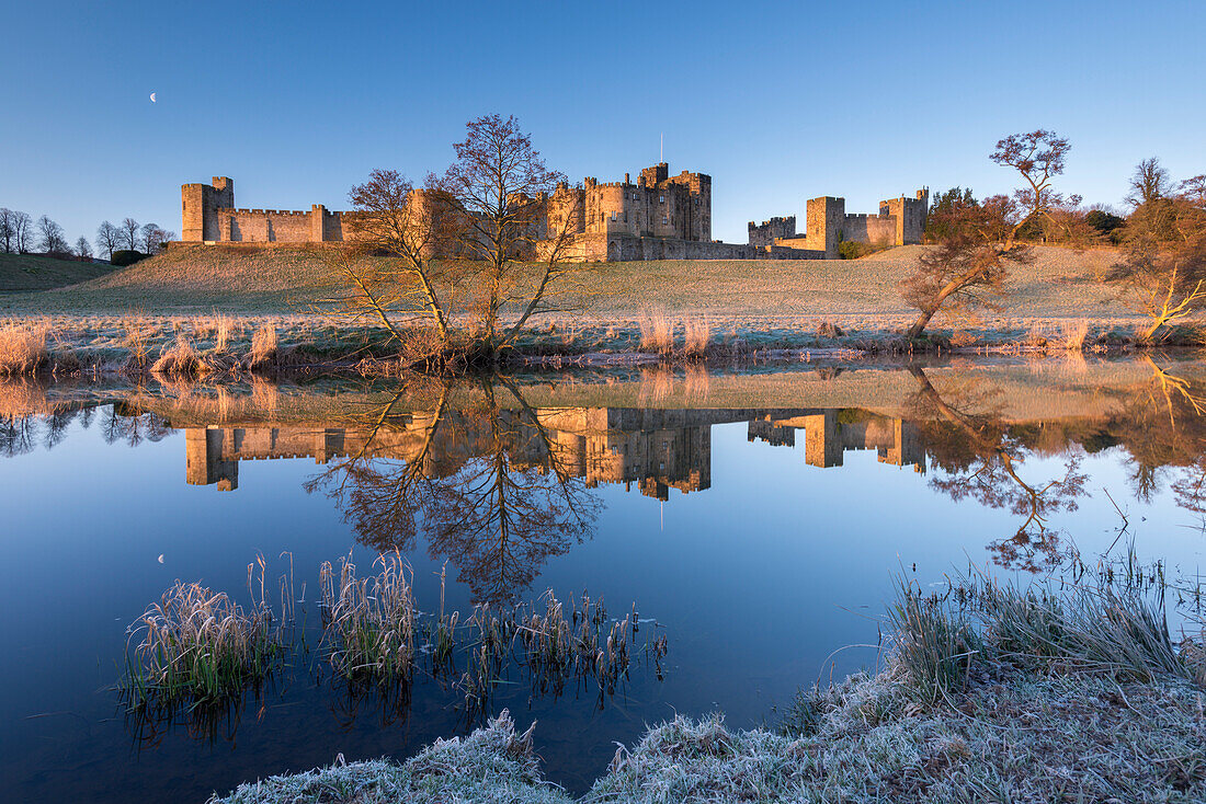 Early morning sunshine in winter illuminates Alnwick Castle in Northumberland, England, United Kingdom, Europe