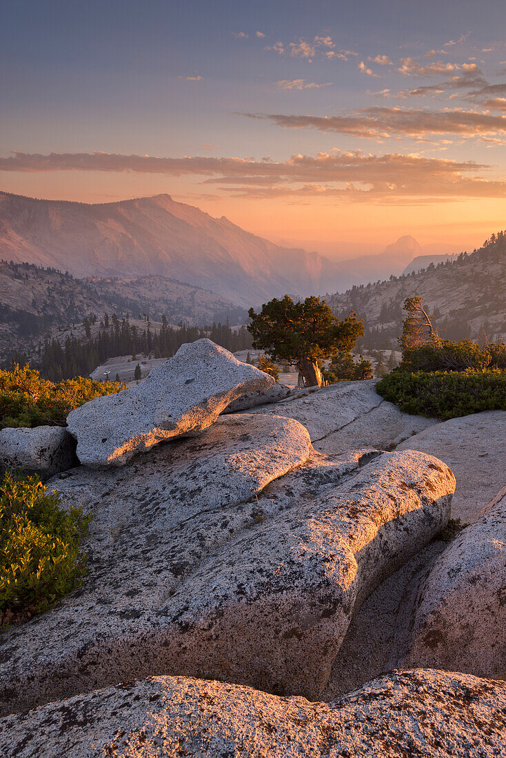 Sunset above Half Dome, viewed from Olmsted Point, in autumn, Yosemite National Park, UNESCO World Heritage Site, California, United States of America, North America