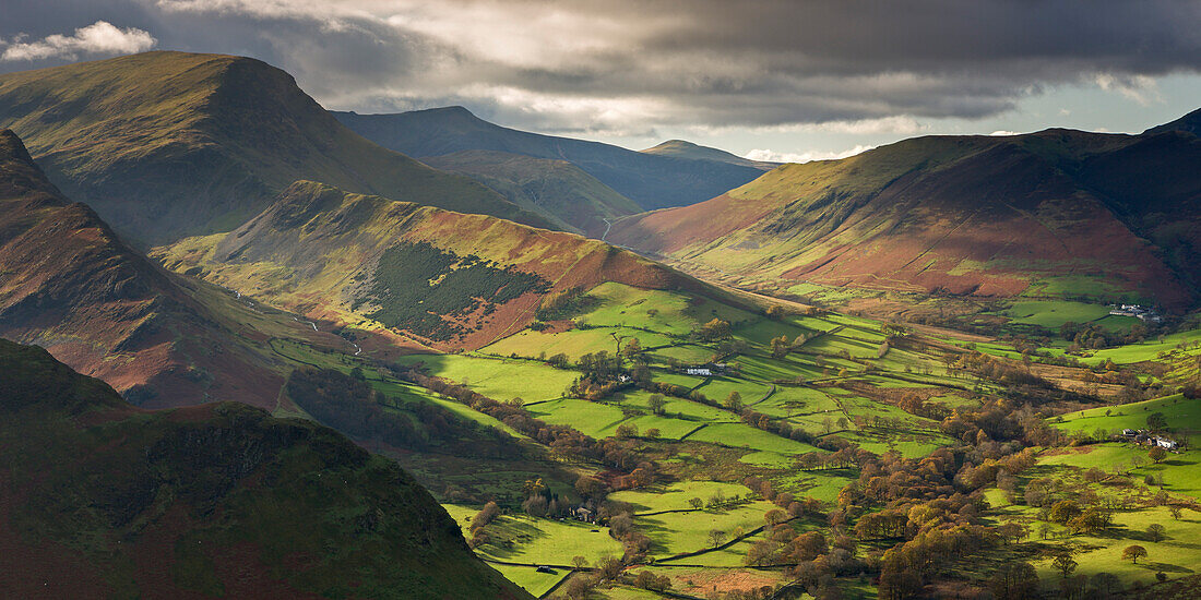 Rich autumn sunlight illuminates Newlands Valley in the Lake District, Cumbria, England, United Kingdom, Europe