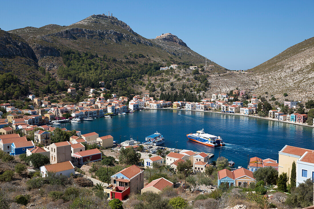 View of harbour, Kastellorizo (Meis), Dodecanese, Greek Islands, Greece, Europe