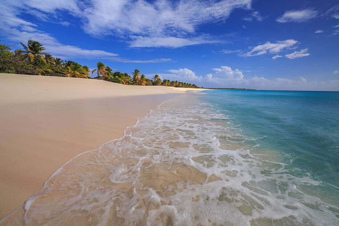 The deserted beach of K-Club, located not far from the village, closed since 2004, Barbuda, Antigua and Barbuda, Leeward Islands, West Indies, Caribbean, Central America