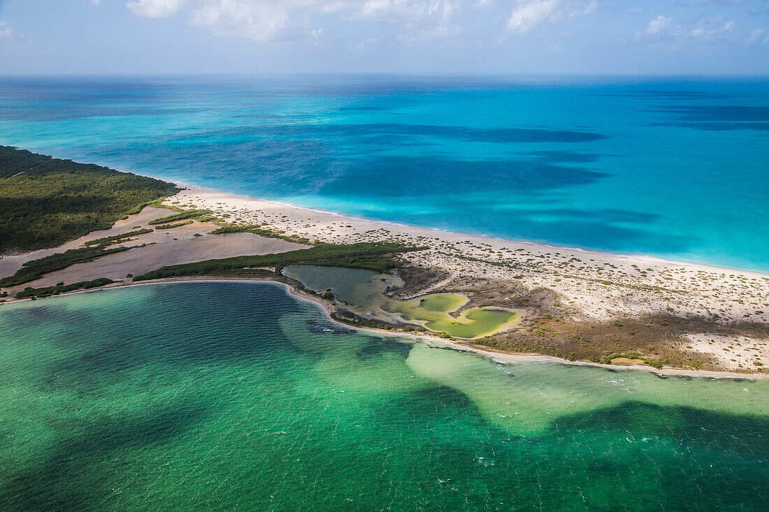 Aerial view of a corner of Barbuda, the Frigate Bird Sanctuary touches a thin strip of sand that separates the Caribbean Sea, Barbuda, Antigua and Barbuda, Leeward Islands, West Indies, Caribbean, Central America