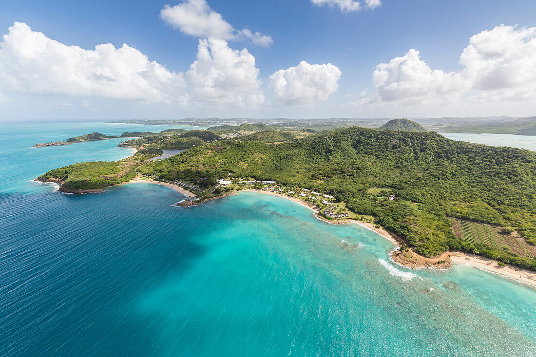 Aerial view of the rugged coast of Antigua full of bays and beaches fringed by dense tropical vegetation, Antigua, Leeward Islands, West Indies, Caribbean, Central America