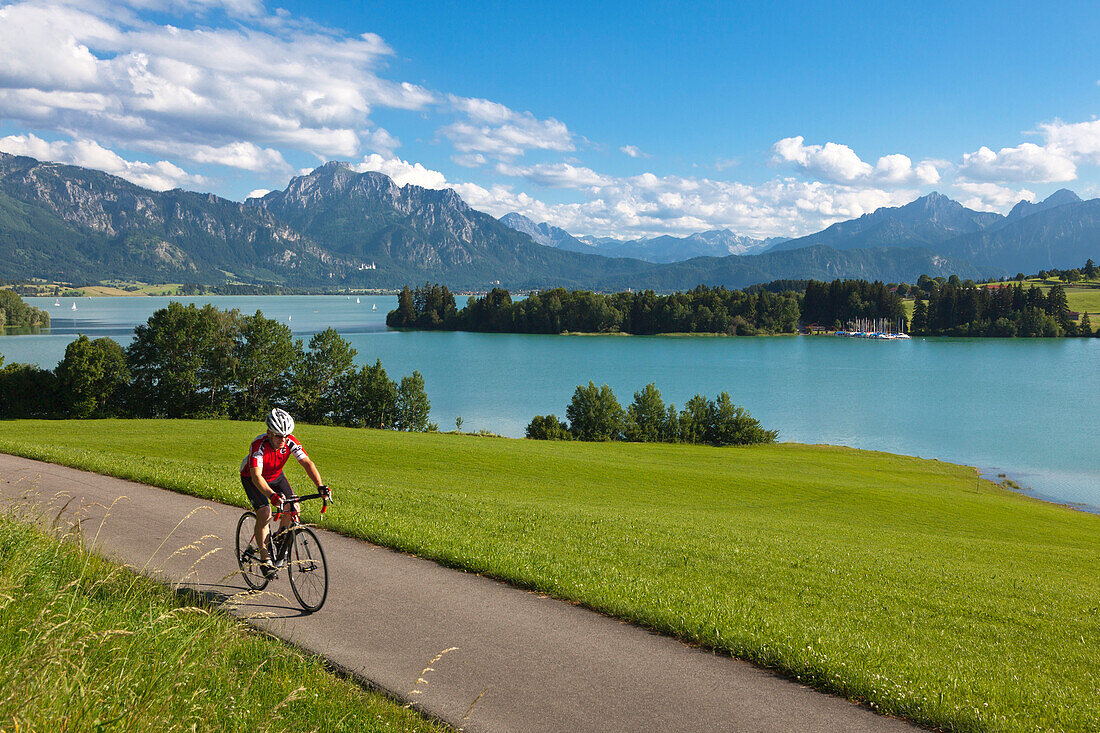 Radfahrer am Forggensee, Blick auf Neuschwanstein, Säuling und Tannheimer Berge, Allgäu, Bayern, Deutschland