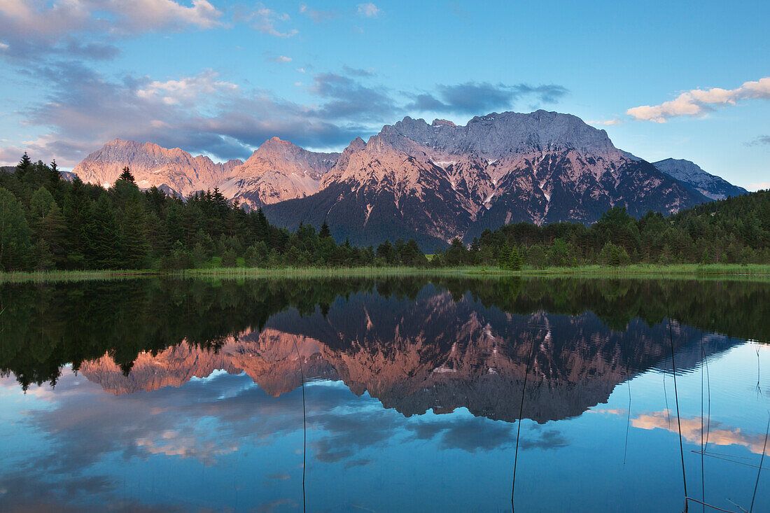 Luttensee with reflection, view to Karwendel, near Mittenwald, Werdenfels region, Bavaria, Germany