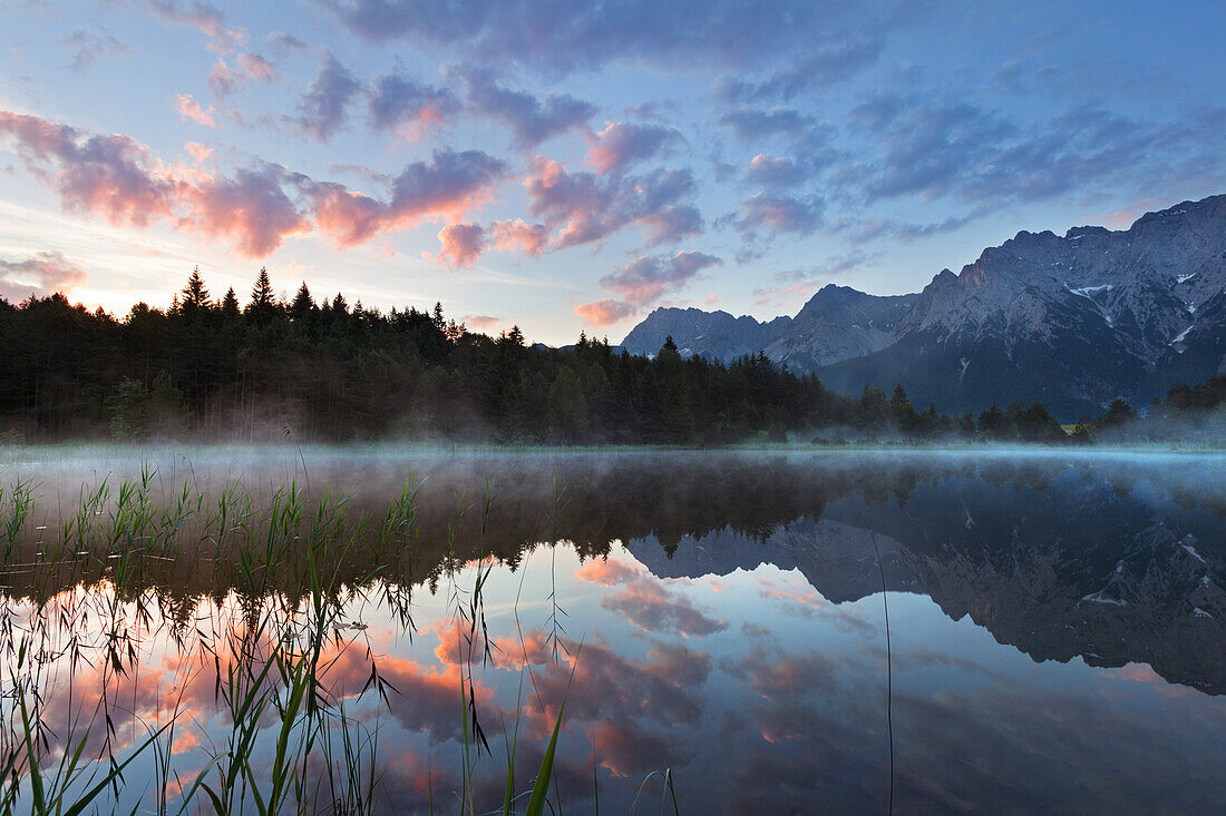 Luttensee with reflection, view to Karwendel, near Mittenwald, Werdenfels region, Bavaria, Germany