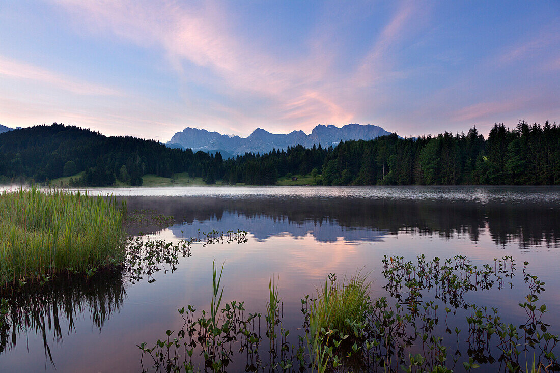 Morning fog at Geroldsee, view to Karwendel, Werdenfels region, Bavaria, Germany