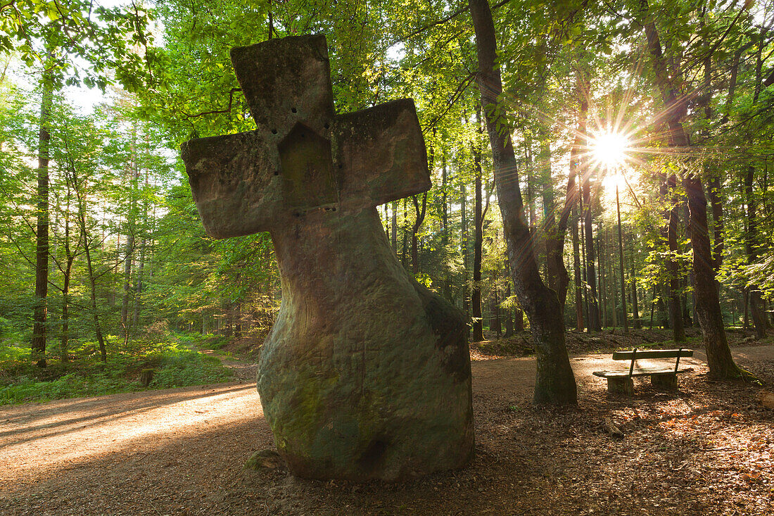 Christianisierter Menhir, Fraubillenkreuz, Naturpark Südeifel, Eifel, Rheinland-Pfalz, Deutschland