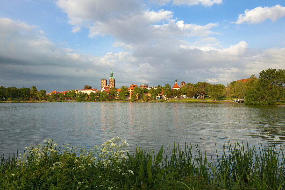 Blick über den Knieperteich auf die Altstadt mit der Nikolaikirche, Stralsund, Ostsee, Mecklenburg-Vorpommern, Deutschland