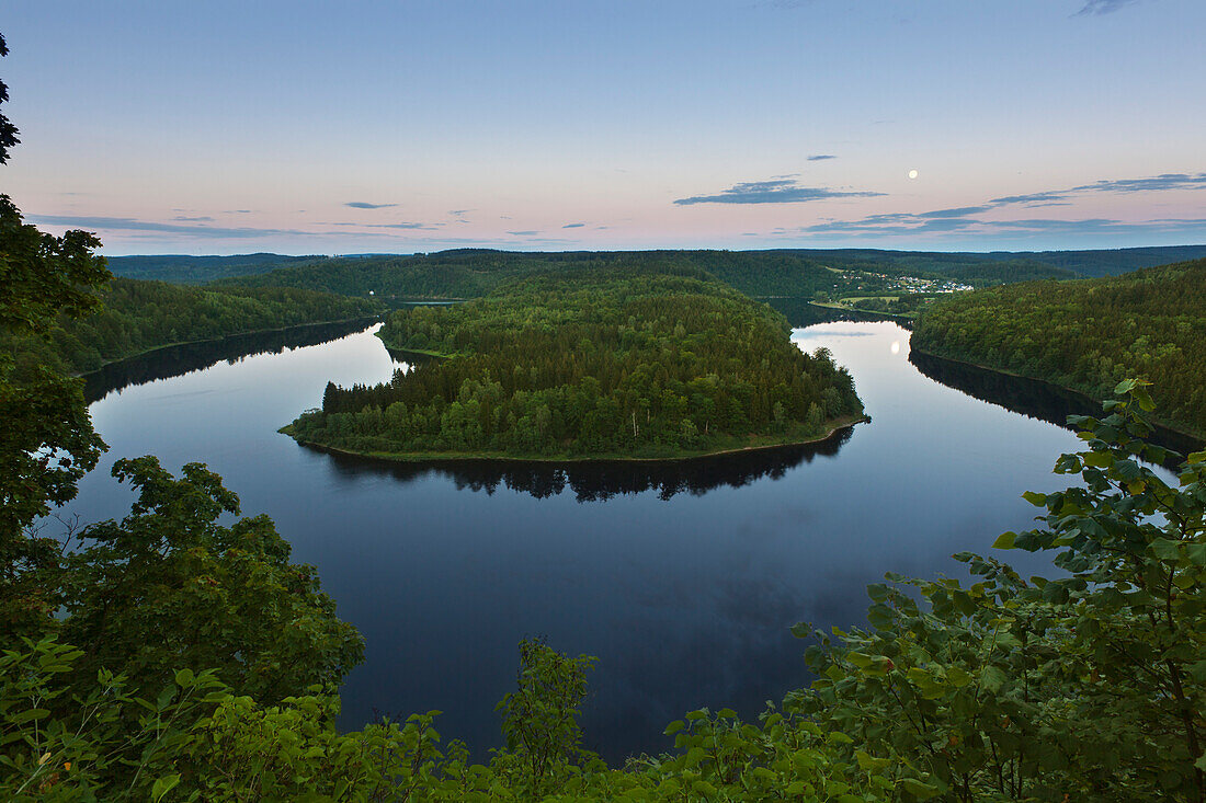 View over Saale sinuosity at Saale barrier lake, nature park Thueringer Schiefergebirge / Obere Saale,  Thuringia, Germany