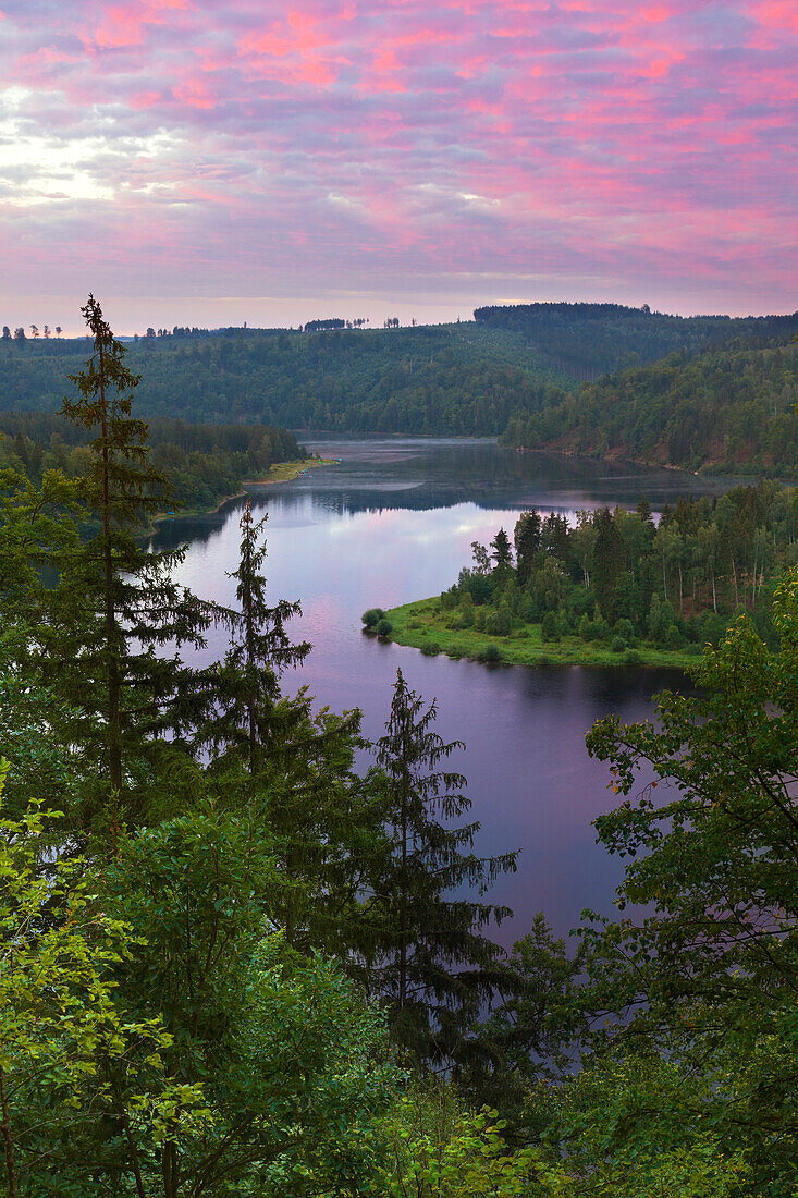 Dawn at Saale barrier lake, nature park Thueringer Schiefergebirge / Obere Saale,  Thuringia, Germany