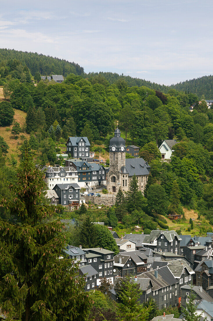 View over Lauscha village, nature park Thueringer Wald,  Thuringia, Germany