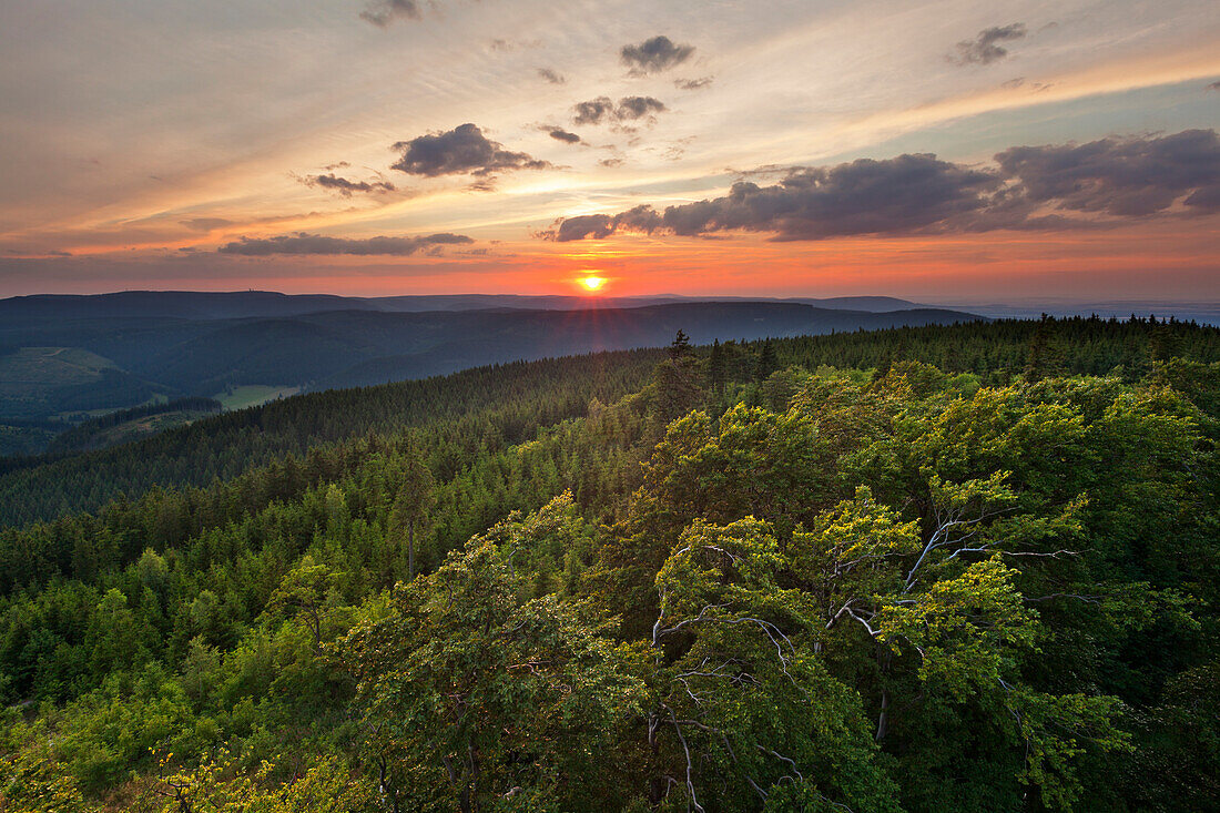 View from Kickelhahn hill, near Ilmenau, Goethe hiking trail, nature park Thueringer Wald, Thuringia, Germany
