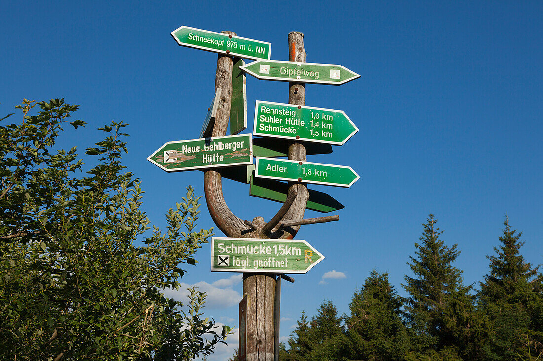 Signpost at a hiking trail at Schneekopf hill, nature park Thueringer Wald,  Thuringia, Germany