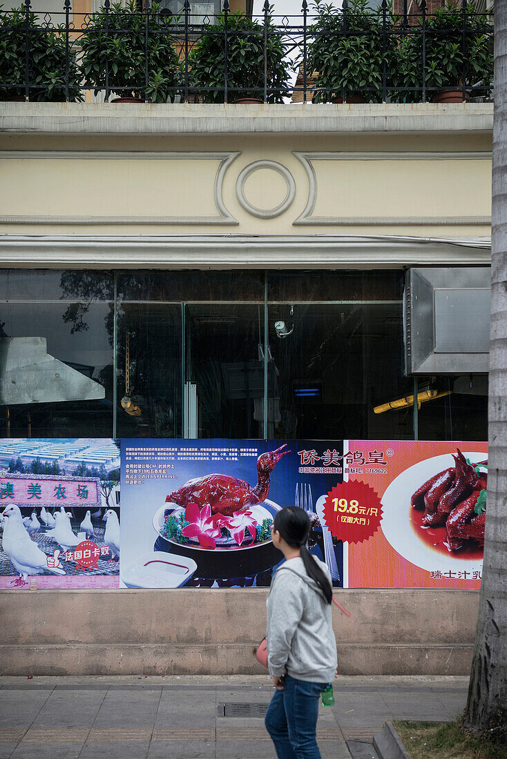 kulinarische Eigenheiten auf Plakat im Kolonial Viertiel in Guangzhou, Guangdong Provinz, Perlfluss Delta, China