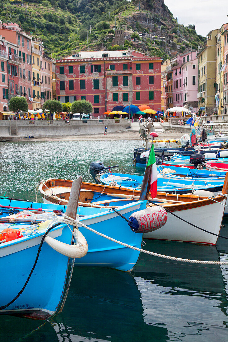 Colourful boats in the harbour, Vernazza, Liguria, Italy