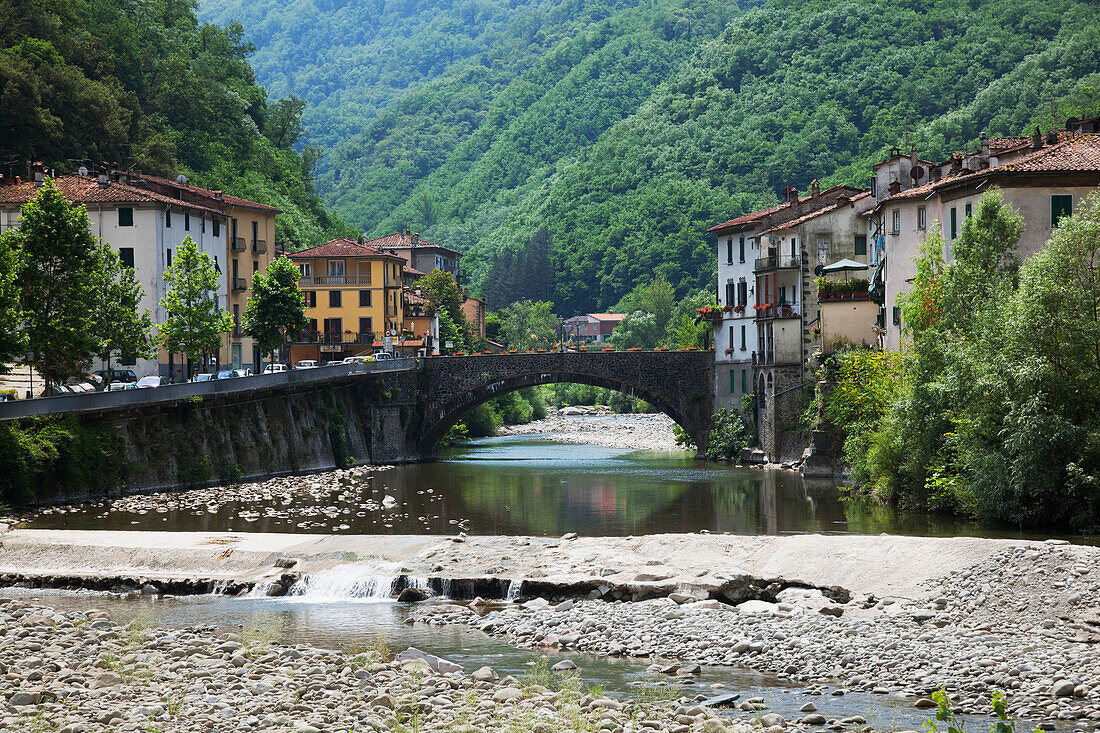 The quaint village of Bagni di Lucca in the Alpuan Alps, Bagni di Lucca, Tuscany, Italy
