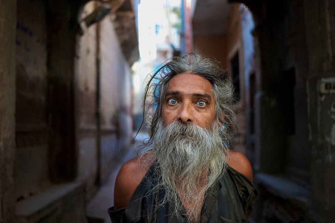 Portrait of man in an alleyway, Jodhpur, Rajasthan, India