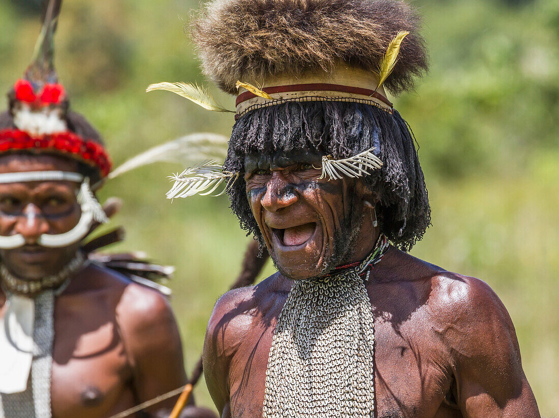 Dani man wearing an elaborate headdress of bird of paradise or cassowary feathers, Obia Village, Baliem Valley, Central Highlands of Western New Guinea, Papua, Indonesia