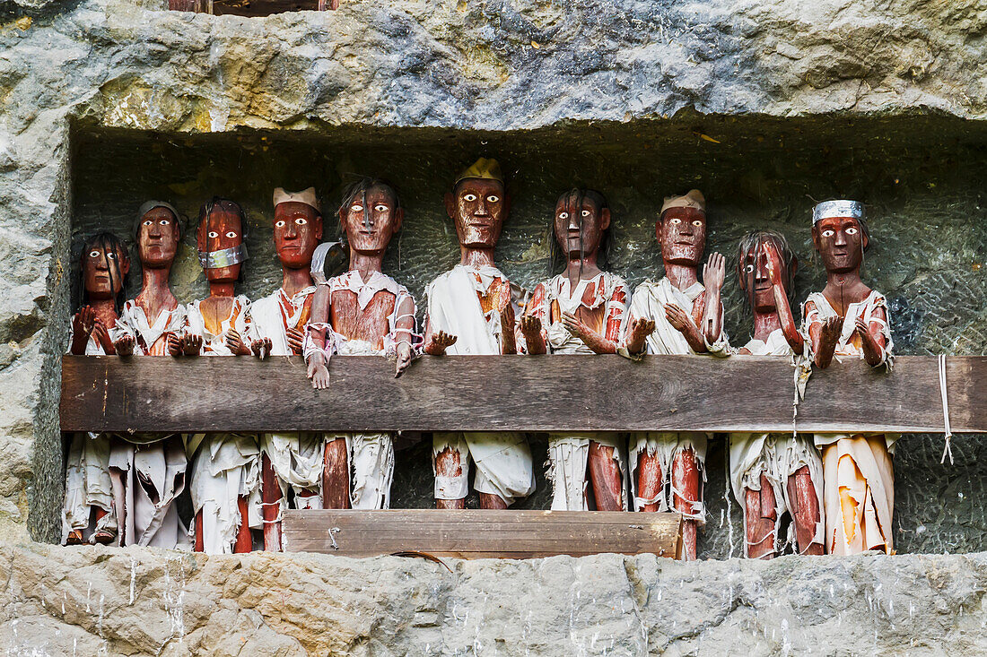Stone graves carved out of a rocky cliff with  wood-carved effigies of the deceased, called Tau tau, Lemo, Toraja Land, South Sulawesi, Indonesia