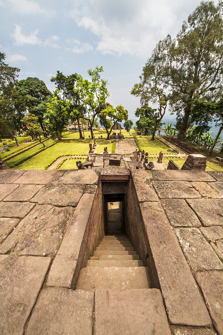 View from the top of the central pyramid of the 15th-century Javanese-Hindu temple, Candi Sukuh, Central Java, Indonesia