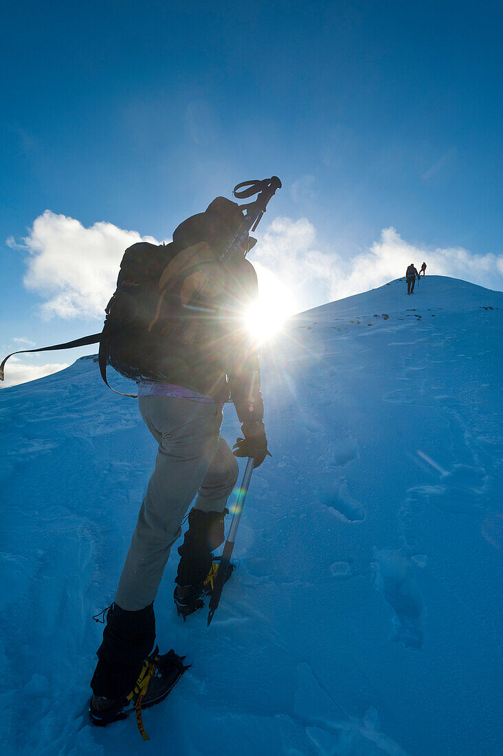 Walkers climbing the snowy slopes of Sgorr Dhearg near Glen Coe, Highlands, Scotland