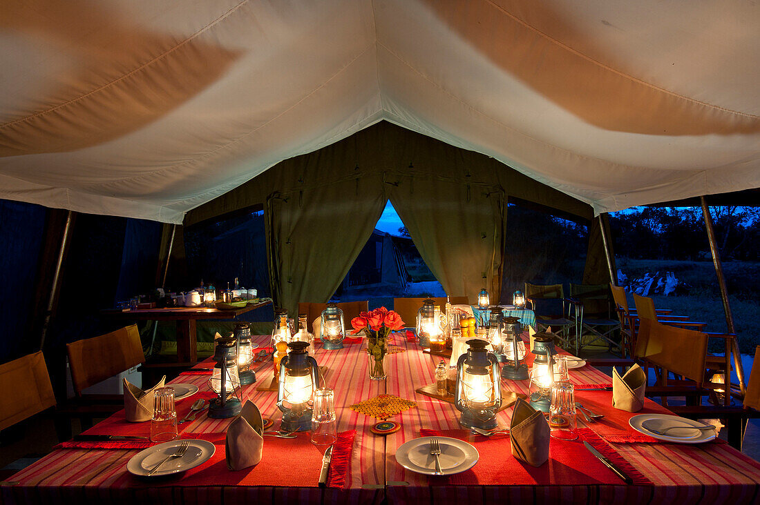 Mess tent at dusk, Ol Pejenta Bush Camp, Ol Pejeta Conservancy, Kenya