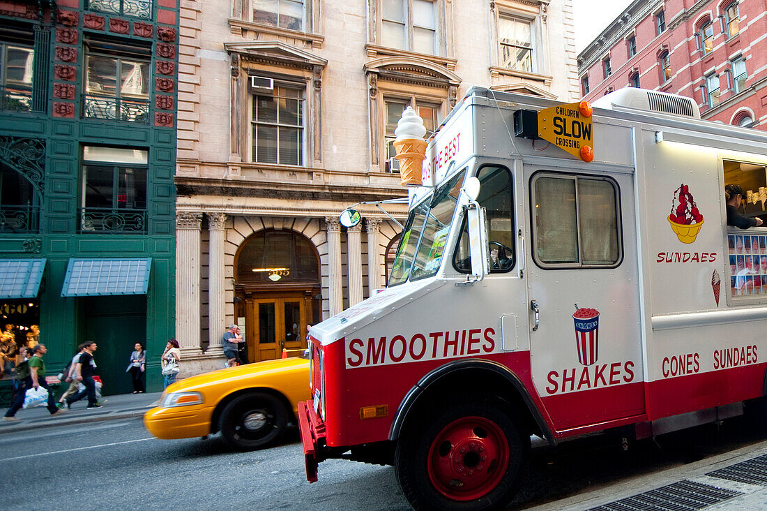 Ice Cream Van And Yellow Taxi In Tribeca, Manhattan, New York, Usa