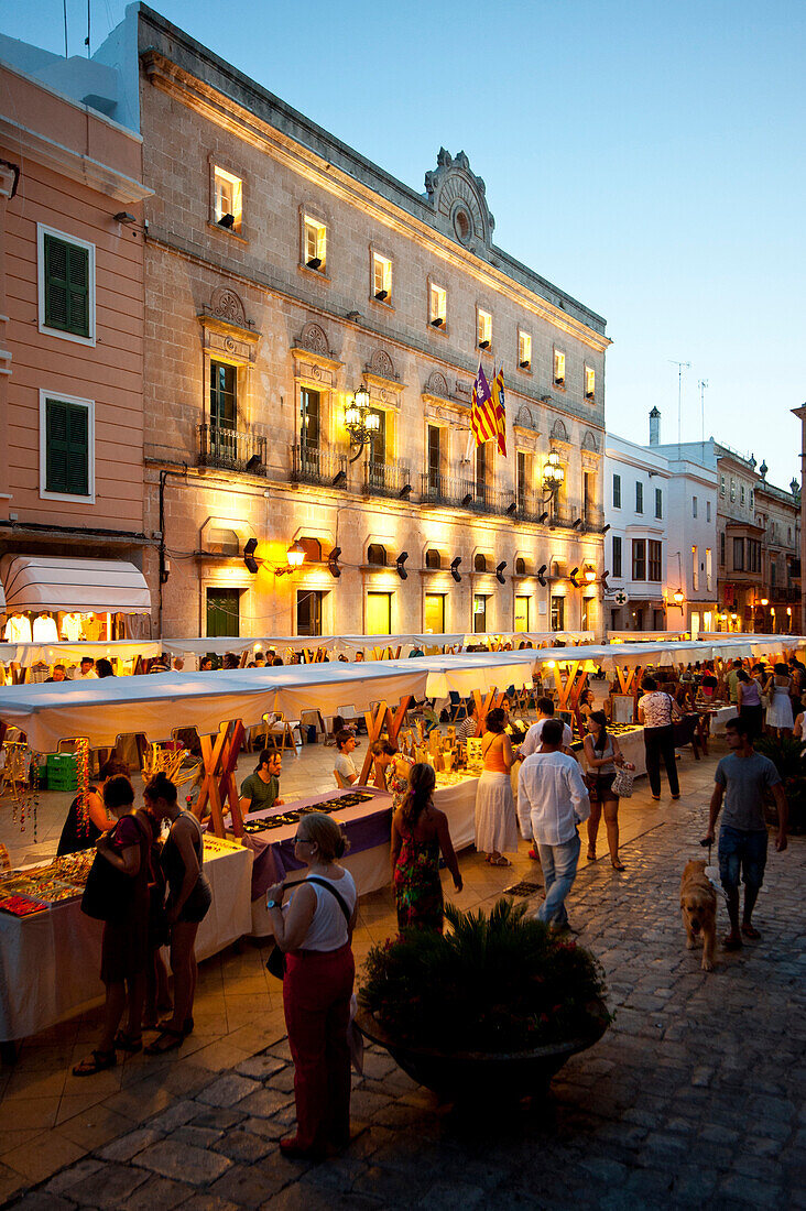 Arts And Crafts Market In Placa De La Catedral In Ciutadella At Night, Menorca, Balearic Islands, Spain