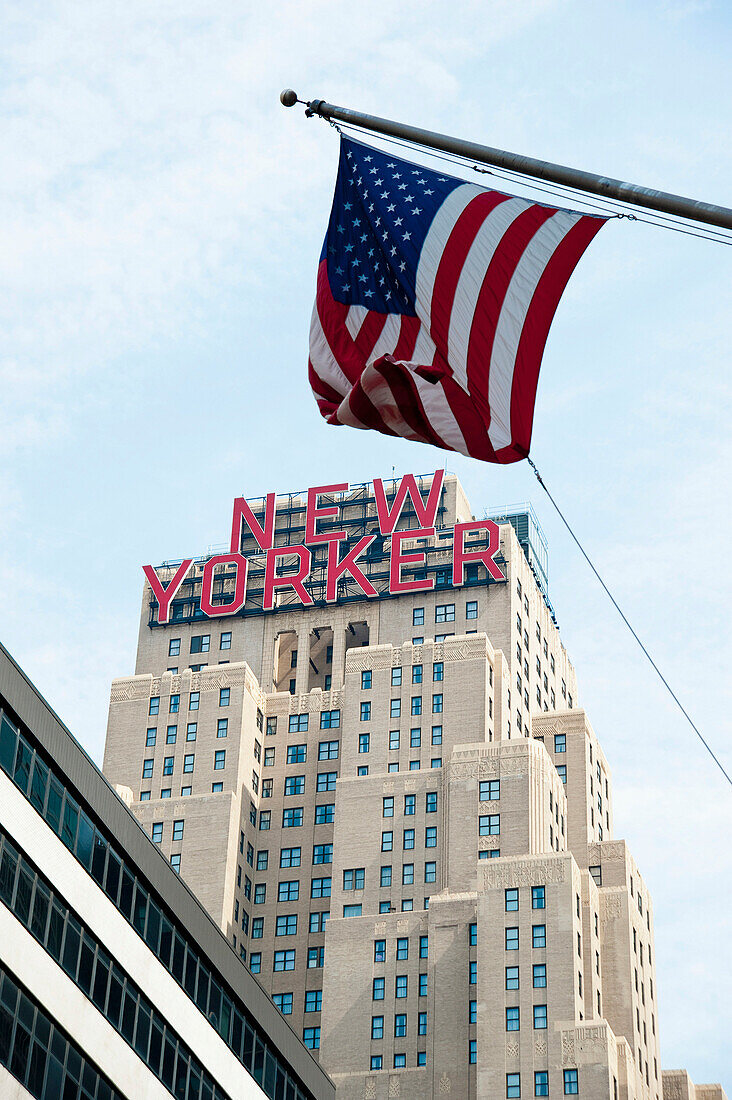 Hotel New Yorker And American Flag, Garment District, Manhattan, New York, Usa