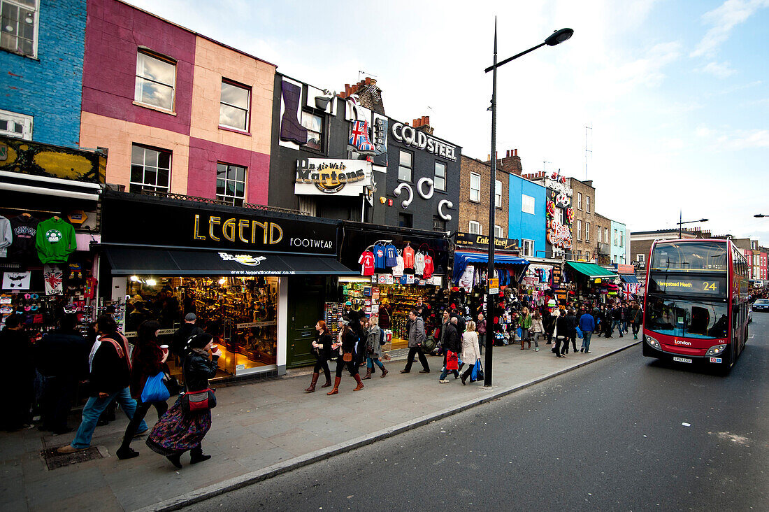 Shops In Camden High Street As Part Of The Famous Camden Market, North London, London, Uk