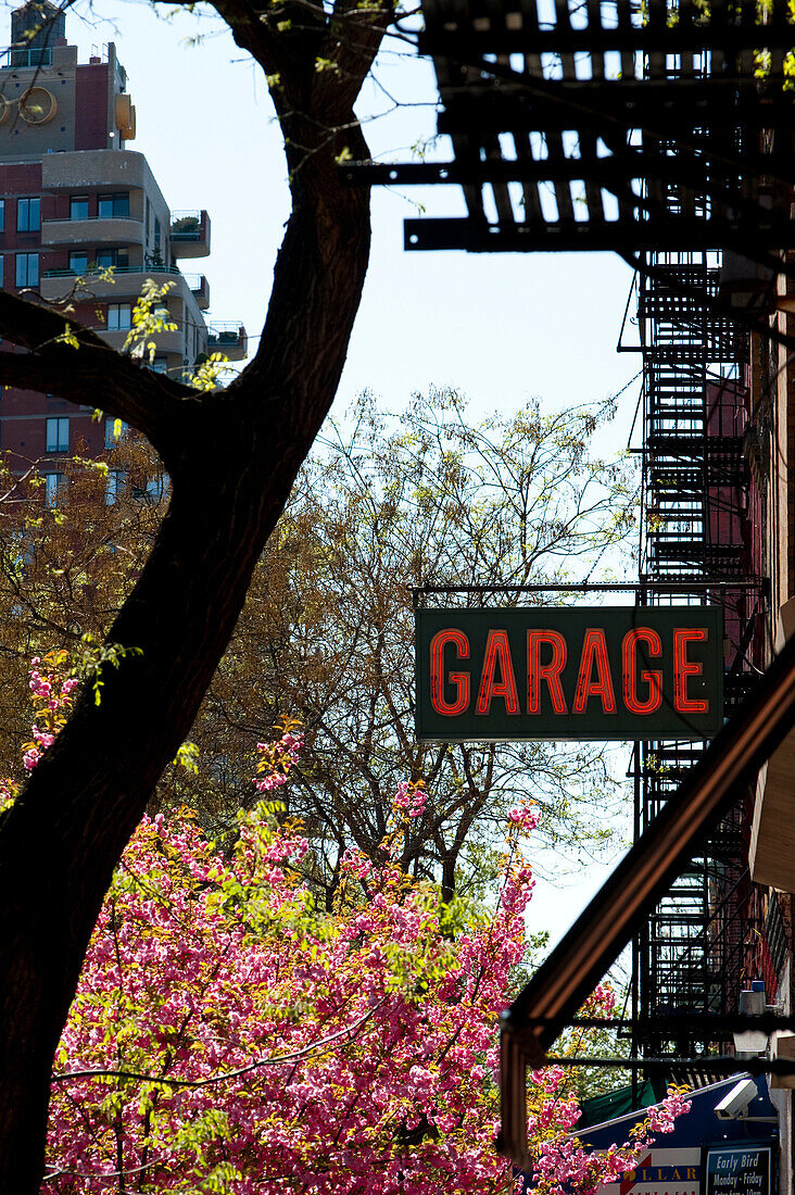 Garage Sign And Springtime In The West Village, Manhattan, New York, Usa