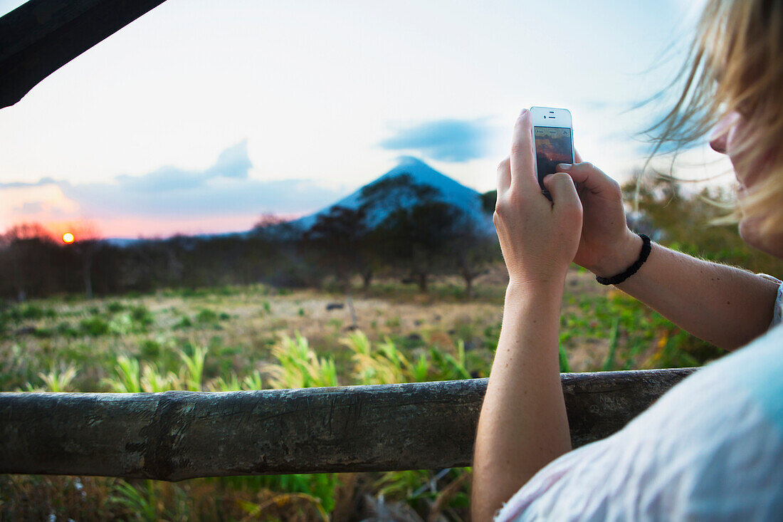 Sunset falls behind the Concepcion volcano on the Isla de Omatepe, Santa Cruz, Rivas, Nicaragua