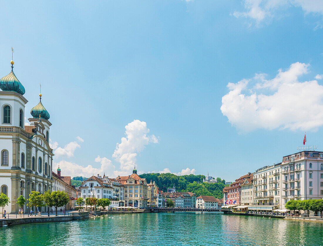 'Church and residential buildings along River Reuss; Lucerne, Switzerland'