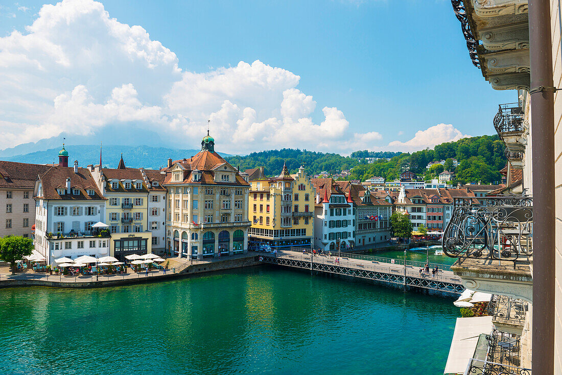 'Buildings and bridge crossing River Reuss; Lucerne, Switzerland'