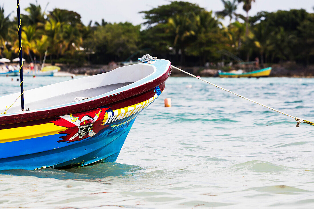 'The front of a colourful painted boat tied in bay with beach and trees in the background; Akumal, Quintana Roo, Mexico'